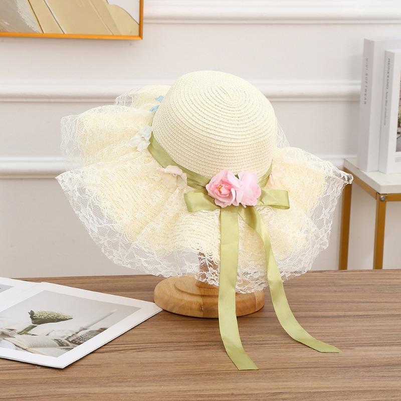 Summer Bow Sun Hat Female, Seaside Beach Vacation Sun Hat Outdoor Big Brim Sun Hat Sweet Straw Hat
