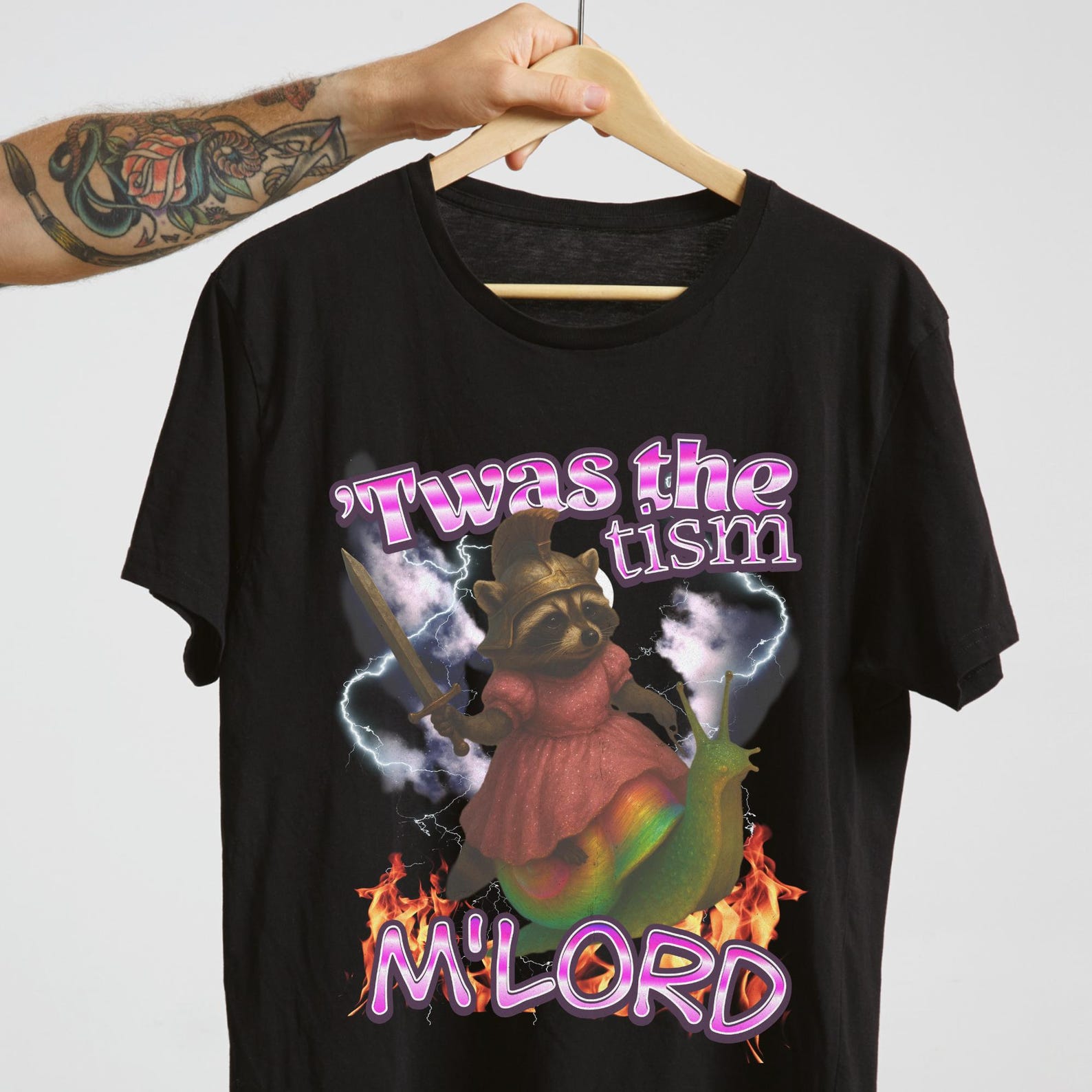 Stylish Funny Gladiator Raccoon Riding Neon Snail Shirt – ’Twas the Tism M’lord Meme Tee XL