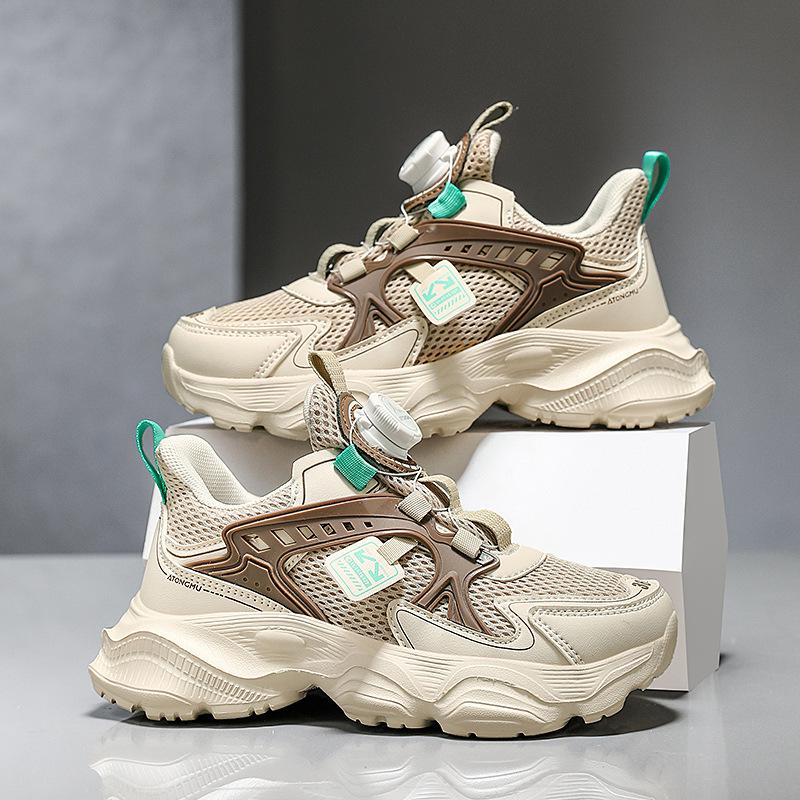 Boys white sneakers children's little white shoes rotating button white shoes double mesh breathable girls running shoes breathable shoes