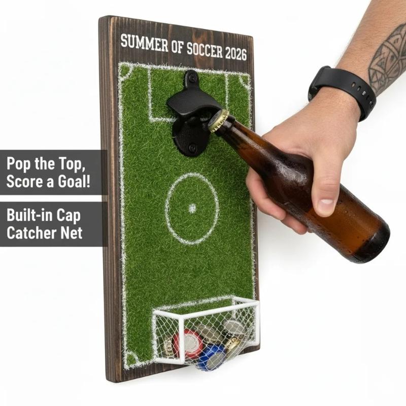 Entertaining Soccer Field Beer Bottle Opener With Practical Build In Cap Container For Home Bar Parties Gatherings