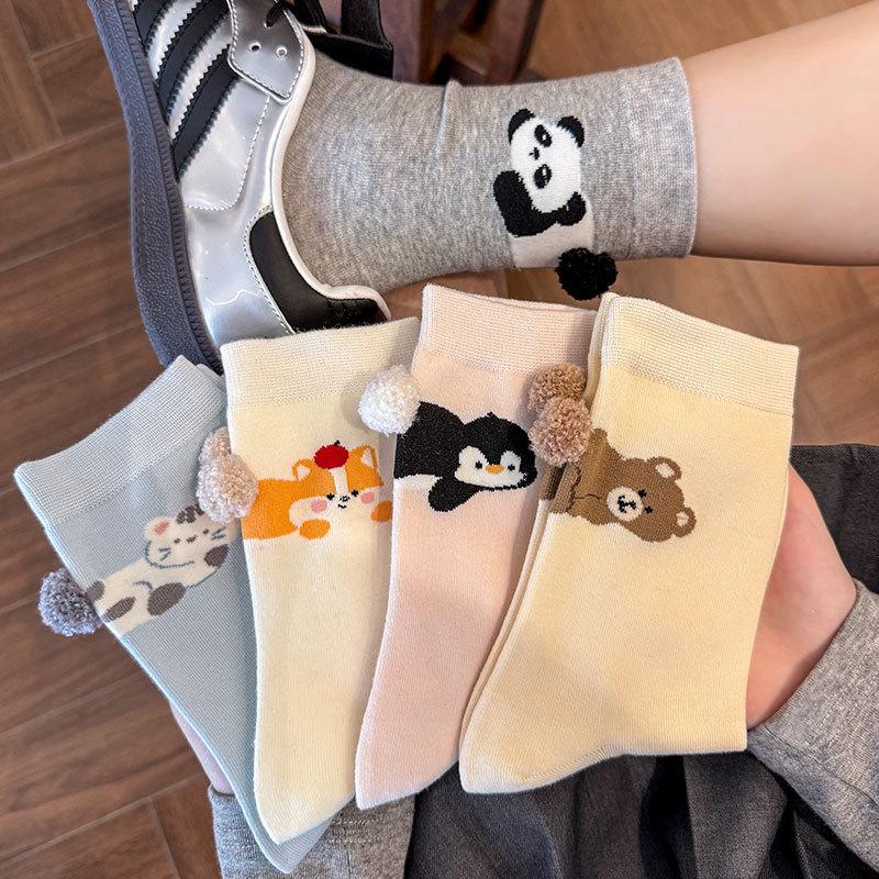 Ladies Spring and Autumn Cartoon Cute Interesting Animal Stereoscopic Hair Ball In The Cylinder Stack Socks