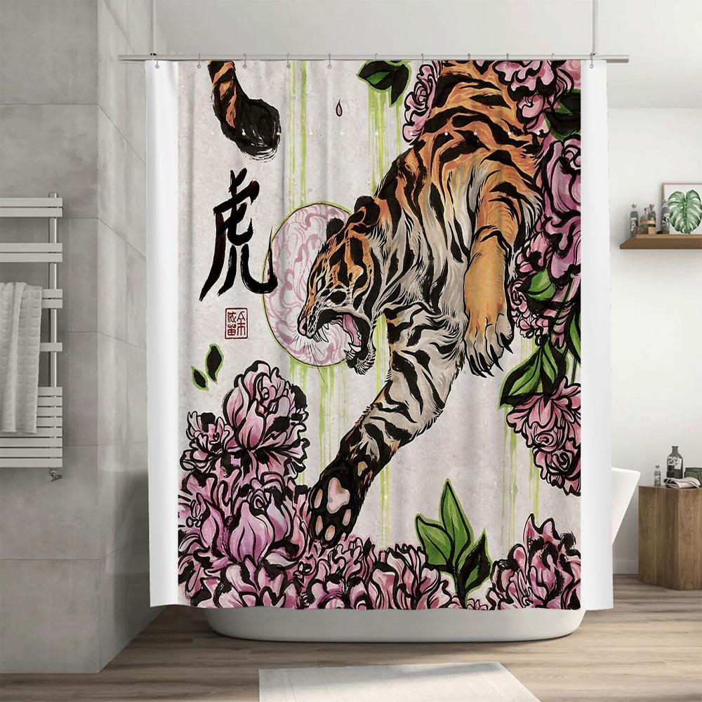 Tiger Floral Shower Curtain Wild Animal Nature Botanical Forest Bathroom Decor Vintage Artistic Home Decor Washable Waterproof