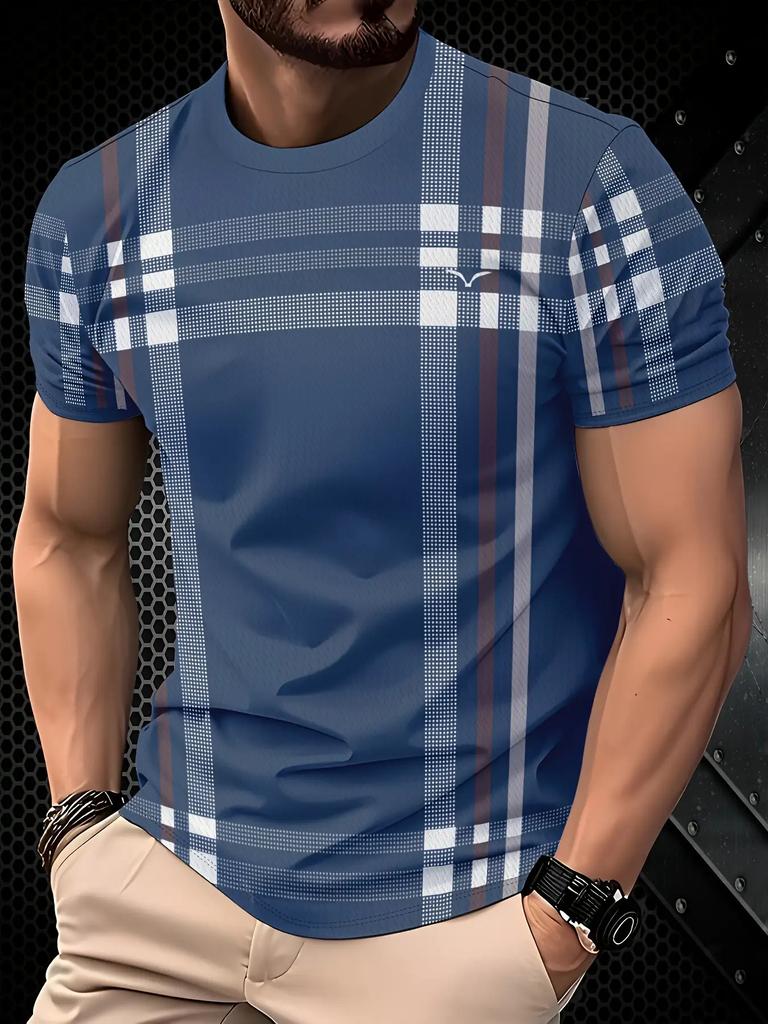 Men's Blue Checkered Geometric Printed T-shirt | Fashionable Short Sleeve