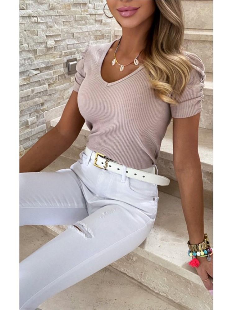 2025 Spring Summer Women's T-shirt V-neck Thread Casual Fashion Solid Color Pullover Bubble Sleeve Short Sleeve Women's T-shirt