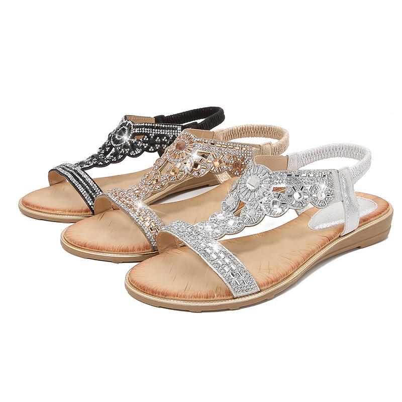 Women's 2025 Spring Rhinestone Bohemian Flat Sandals, Round Toe, Plus Size Available.