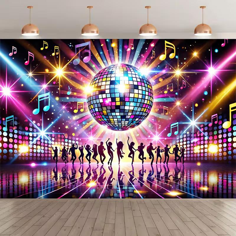 Pozadí fotokoutku Disco Party, Třpytivá disco koule a Silueta tančících jako pozadí pro akce s tématem 80. let