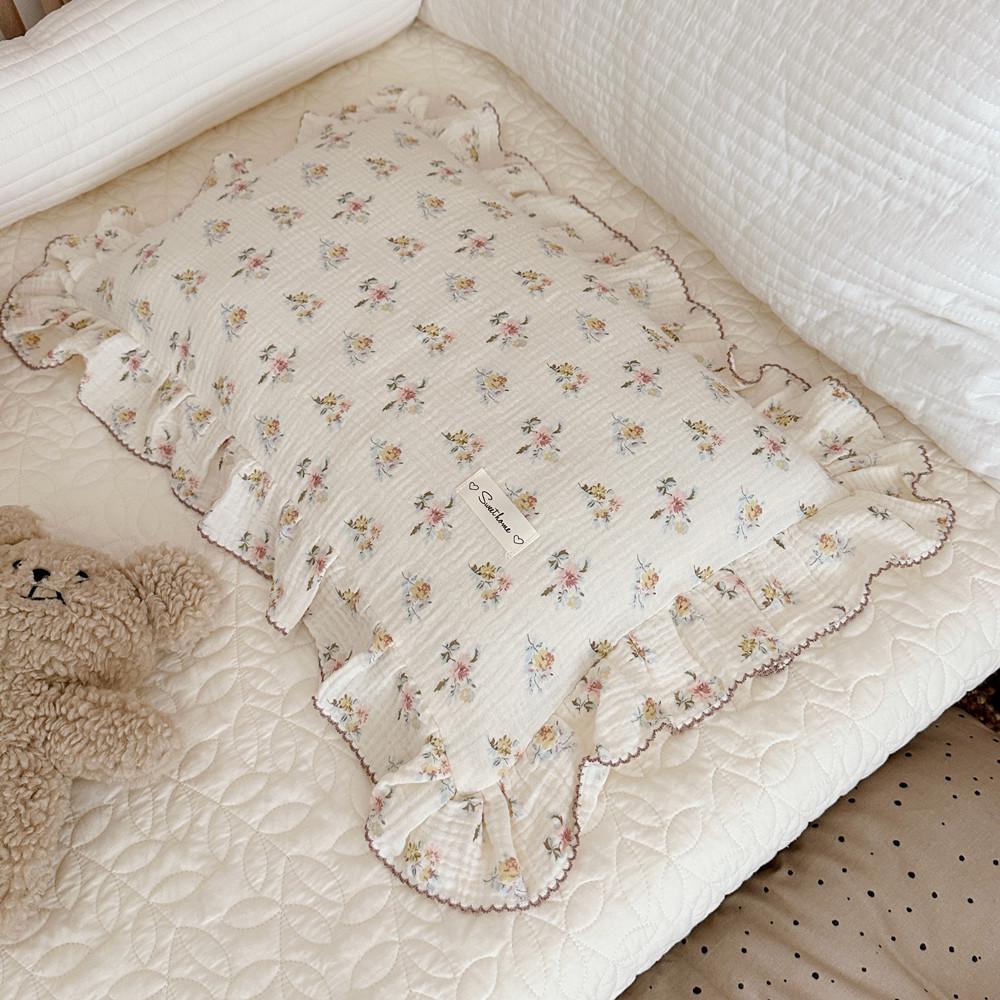 Small Floral Ruffle Lace Double Layer Cotton Gauze Pillowcase for Kindergarten