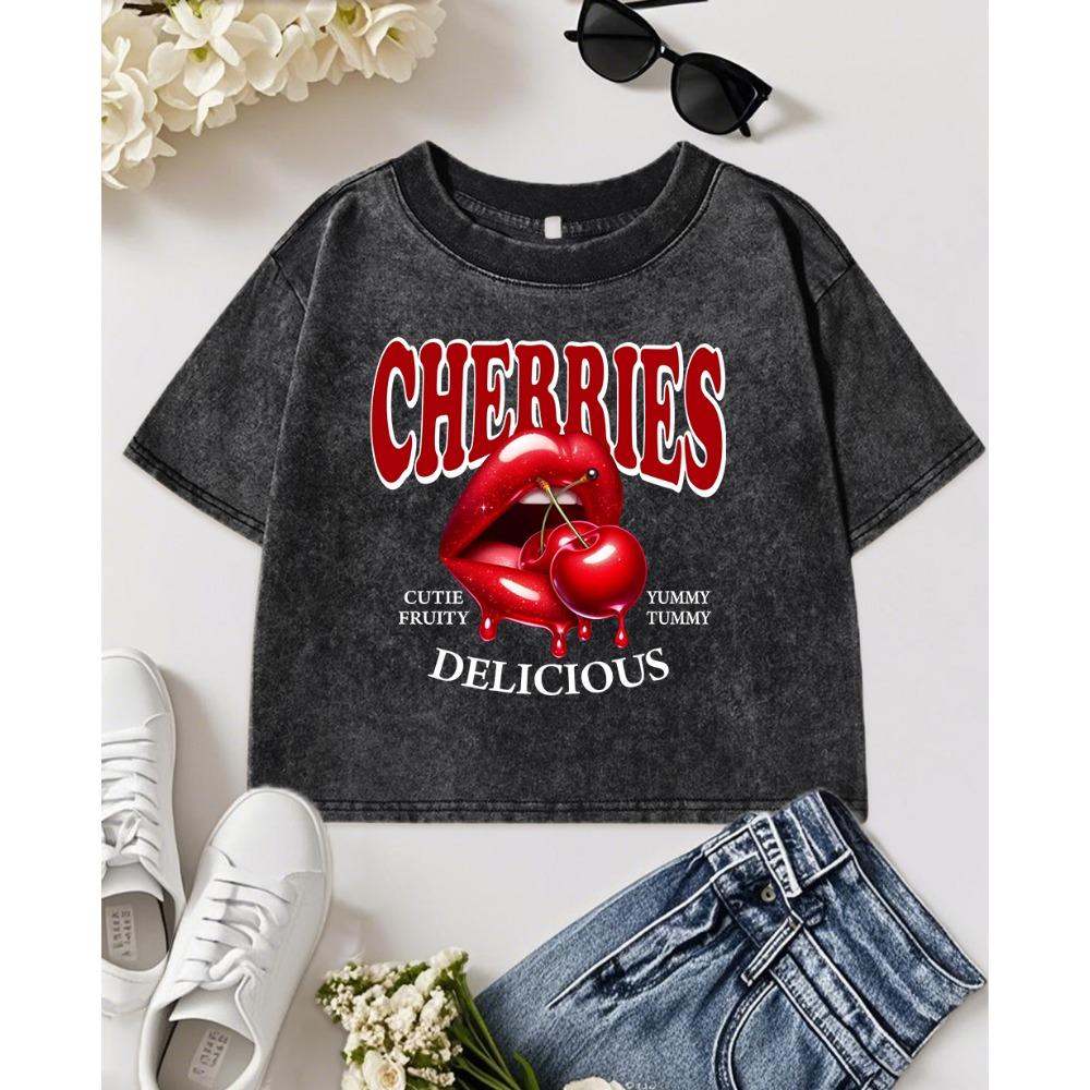 

Вишни Вкусные Фрукты Принт Женская Выстиранная Приталенная Футболка Мягкая Хлопковая Футболка Кроп Короткий Рукав Круглый Вырез Топ XL