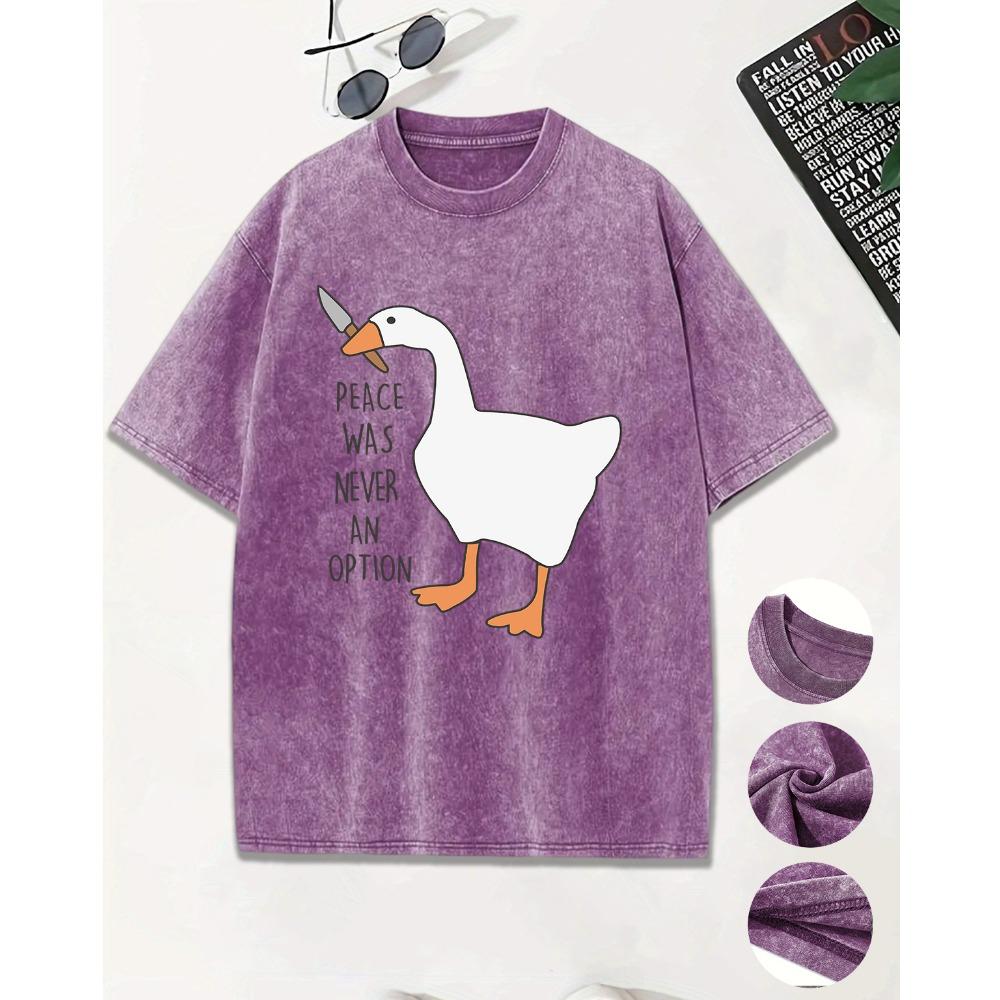 Peace Was Never An Opiton Cartoon Duck With Knife Washed Tee Shirts Men Summer Cotton T Shirt Short Sleeve