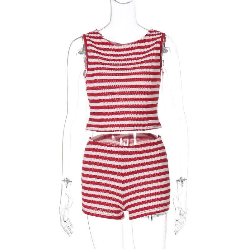 

Shemoda Stripes Print Knitting Fashion Suit Women s round Neck Sleeveless Vest Tops Shorts Sexy Two-piece Set Red L