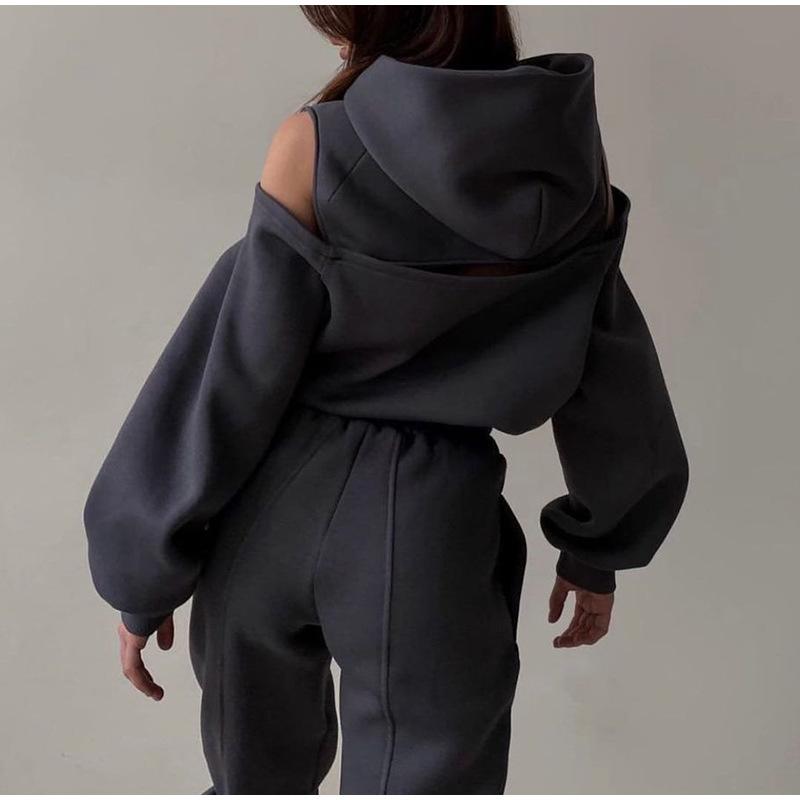Autumn Winter Fleece Warm Women's Tracksuit Oversized Classic Solid Hooded Sweatshirt Two Piece Set Casual Hoodies and Trouser Suit Women Streetwear