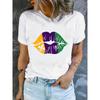 European Size 1pc Mardi Gras Festival Women'S Casual T-Shirt, Round Neck, Polyester Short Sleeve Graphic Tee with Carnival Lips Print, All Seasons