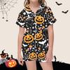 Kids Halloween Print Short Sleeve Pajama Set with Lapel Collar Top and Matching Shorts
