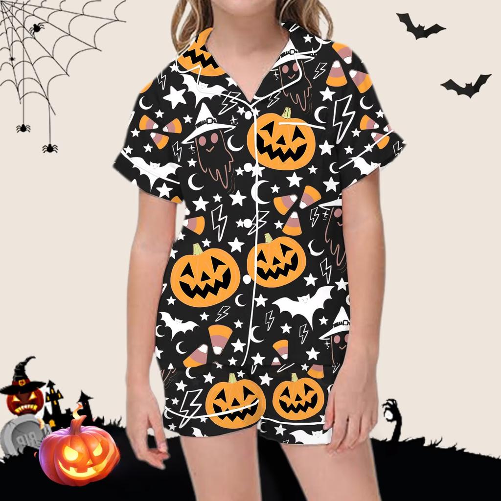 Kids Halloween Print Short Sleeve Pajama Set with Lapel Collar Top and Matching Shorts