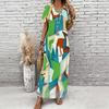 Women Plus Size V Neck Short Sleeve Geometric Printed Casual Long Dress