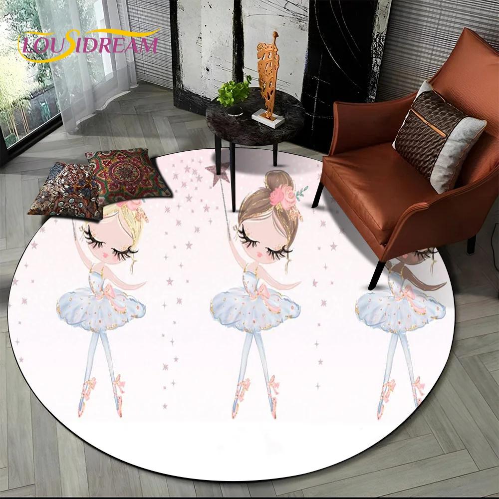 Ballet Girl Cartoon Flower Fairy Ballerina Round Carpet Rug for Living Room Bedroom Child Decor,Pet Area Rug Non-slip Floor Mat
