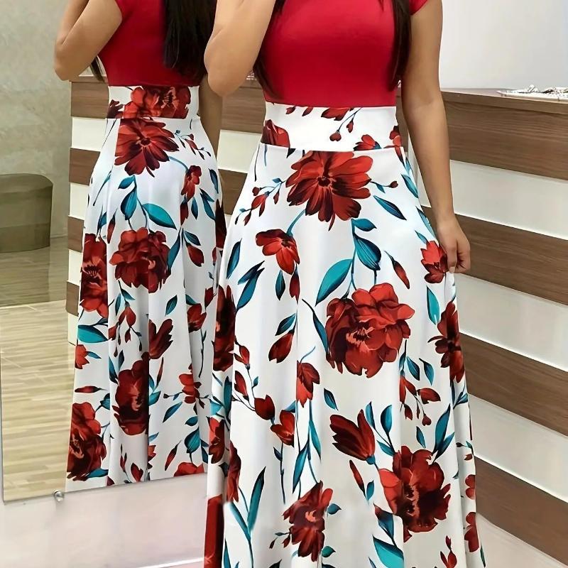 2024 European and American style flower print color matching short sleeved dress for women's large swing skirt