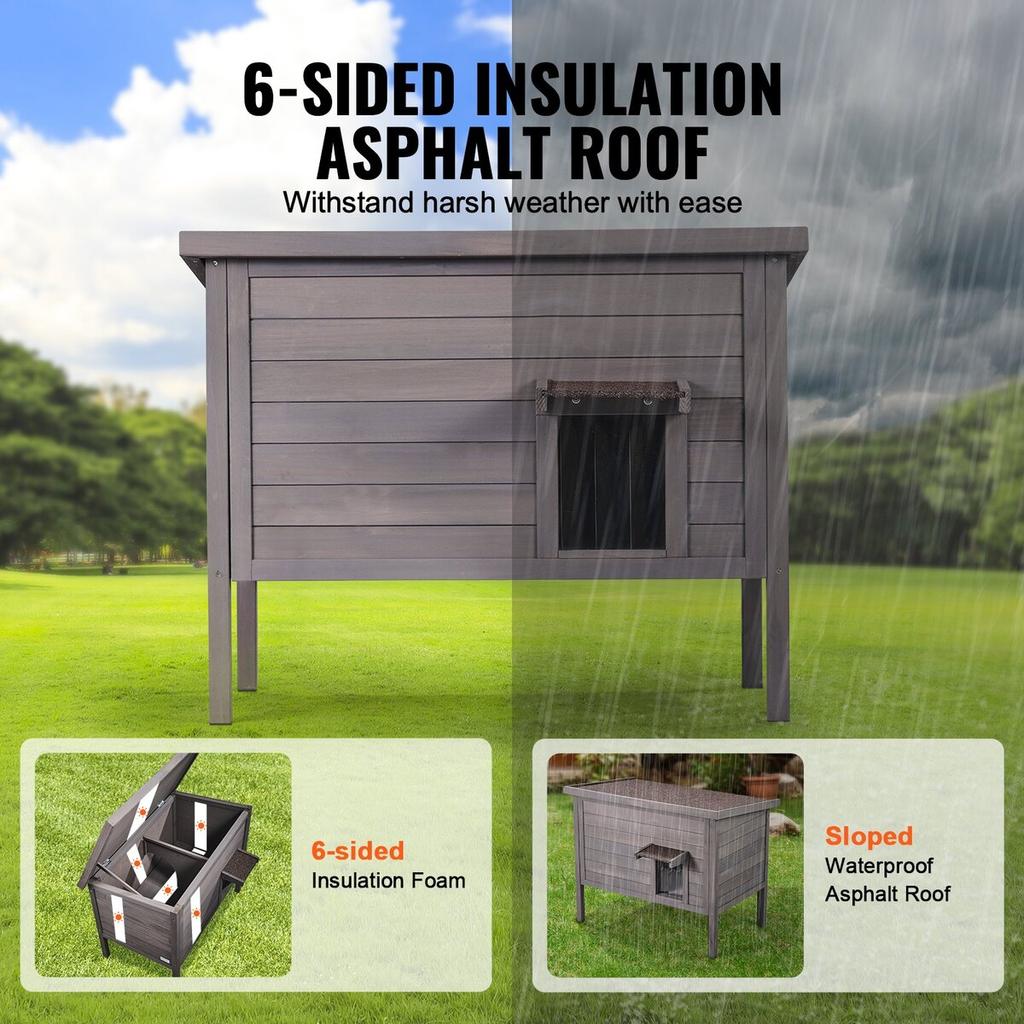 Outdoor Cat House Wooden Feral Cat Shelter with Roof & PVC Door Flaps