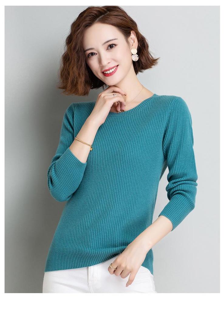 Hengyuanxiang Women's Pure Wool Round Neck Sweater - Solid Color Casual Knitwear for Spring, Autumn, and Winter