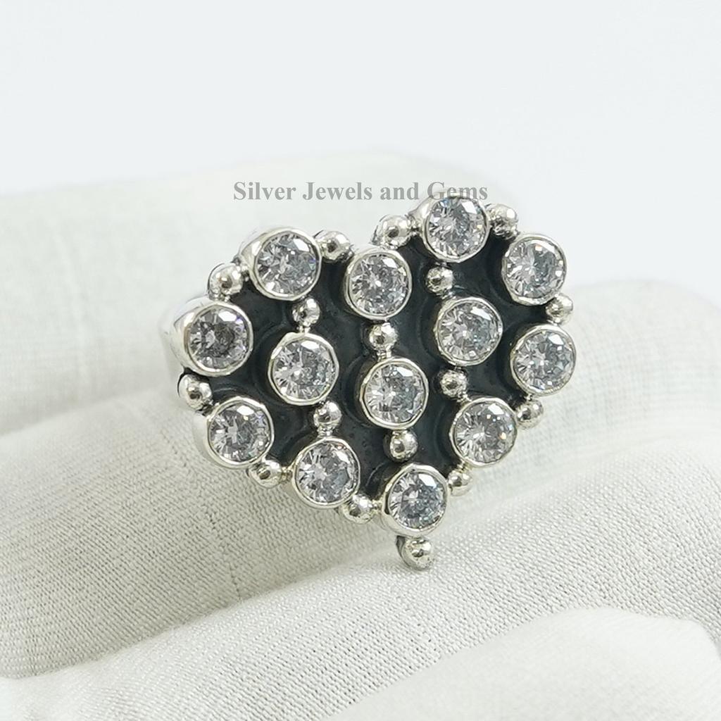 Cubic Zirconia Heart Ring, 925 Sterling Silver Cluster Ring