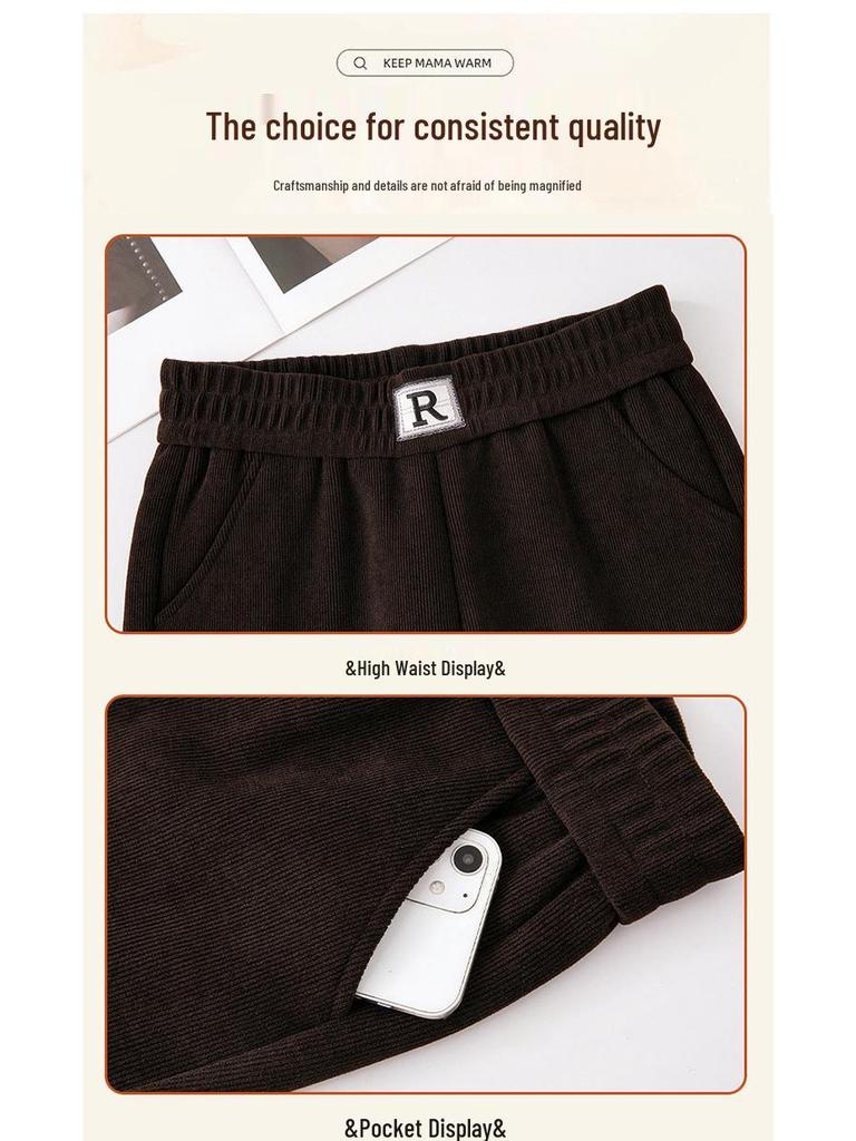 Mom's Fleece-Lined Cotton Pants, Thickened Straight-Leg, Warm Autumn/Winter Trousers for Middle-Aged/Elderly Women.