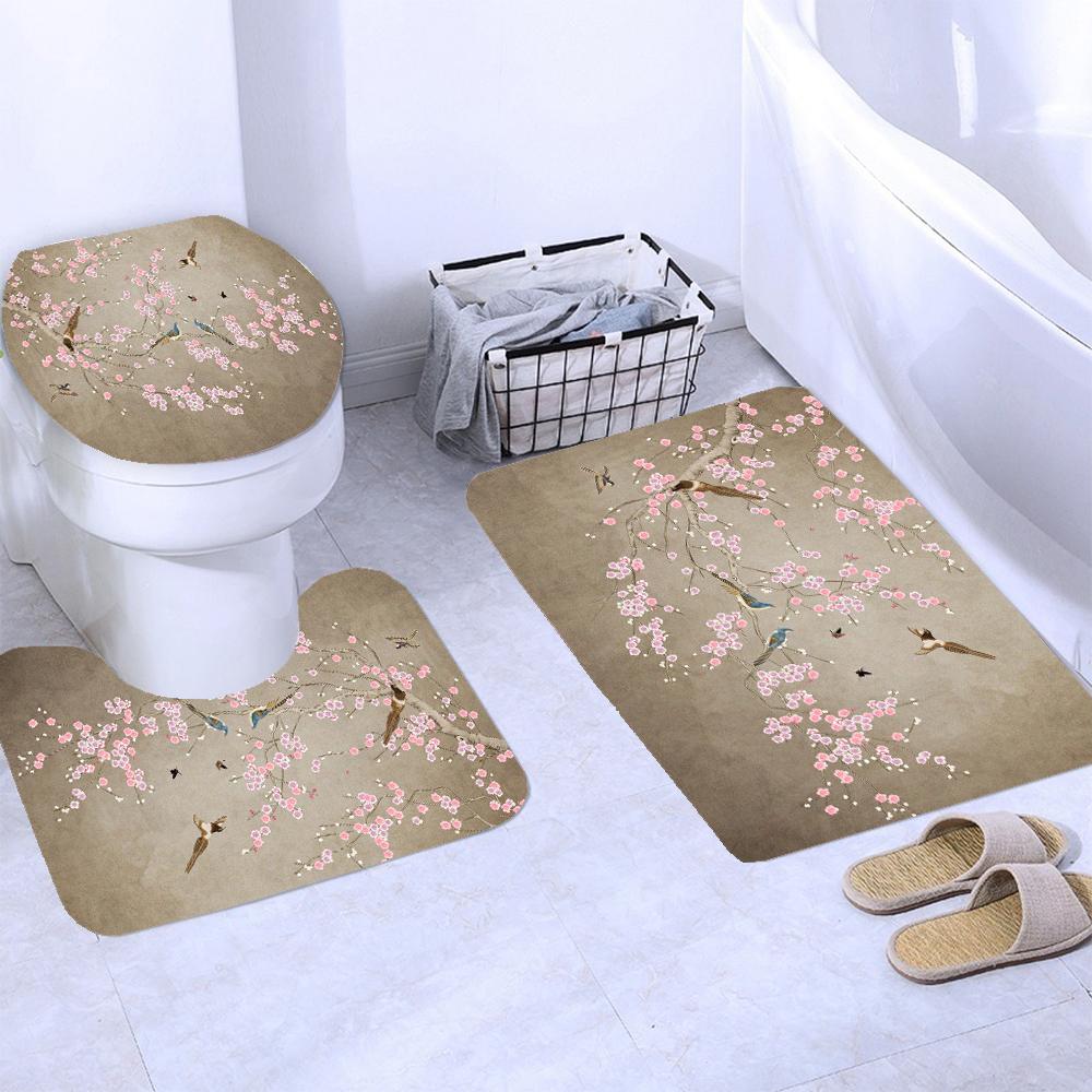 Chinese Style Flowers And Birds Waterproof Shower Curtain Set Toilet Seat Cover Bath Non-Slip Mat Rug Carpet Bathroom Decor
