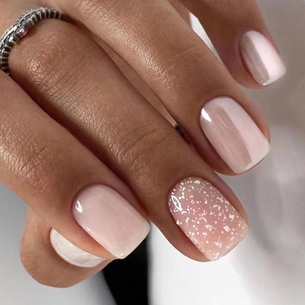 Pack of 24 Natural Short Square Glitter Design Glossy Fake Nails Full Cover False Nails Fit for Women Girls DIY Manicure