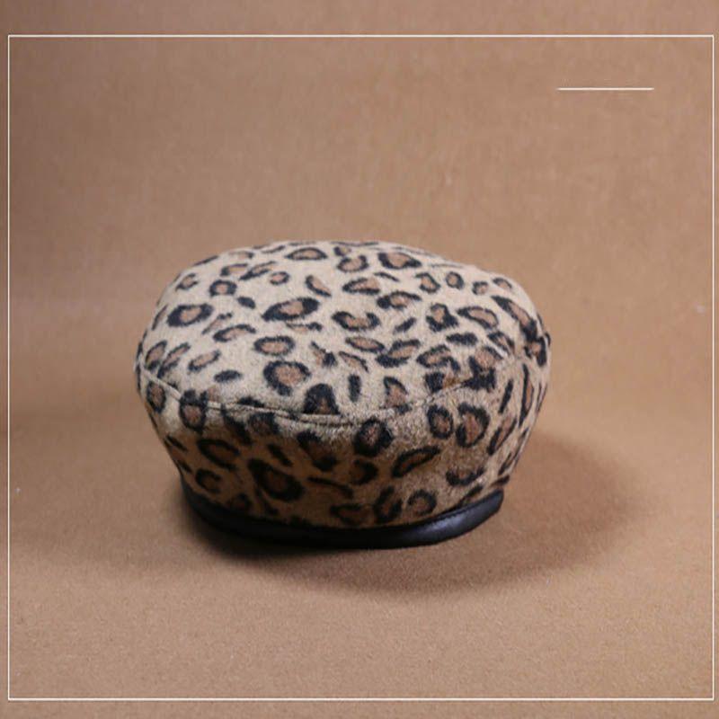 Damen Vintage Leopardenmuster Wolle Weich Winter Warm Baskenmütze Klassische Beanie Mütze