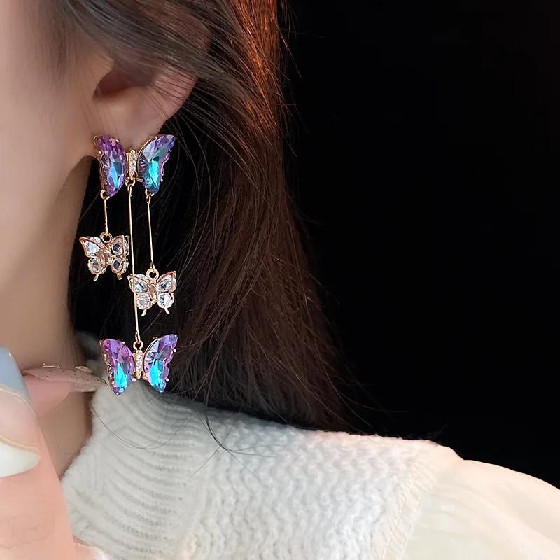 Zircon Butterfly Tassel Earrings for Women New Fashion Luxury Temperament Purple Drop Earrings Sparkle Party Jewely