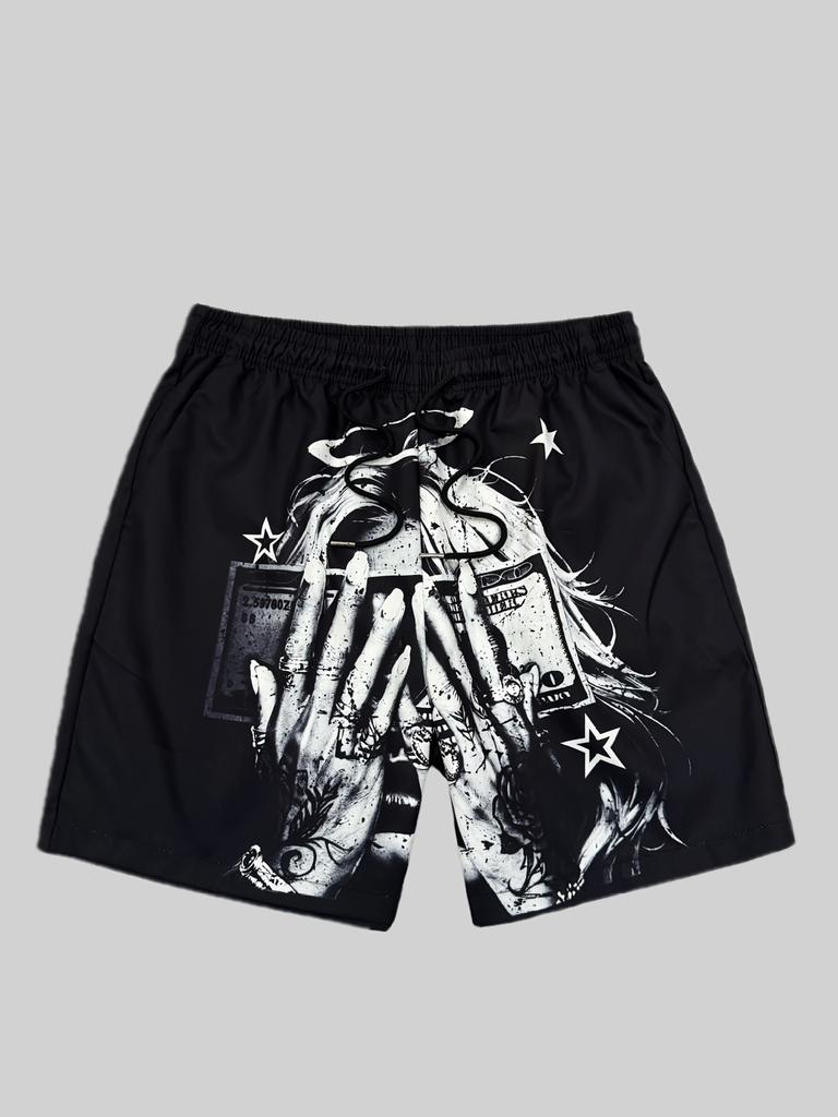 Men Gothic Angel Graffiti 3D Print Mesh Beach Shorts Elastic Drawstring Loose Straight Casual Summer Board Shorts