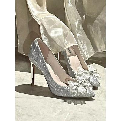 Silver Rhinestone Crystal Shoes Wedding Shoes Bridesmaid High Heels Stiletto Pointed Head Temperament Fairy Bow Single Shoes