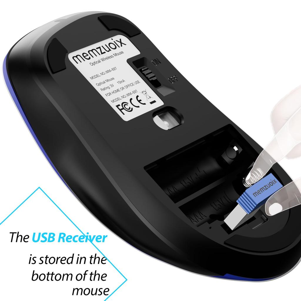 Memzuoix Wireless Optical Cordless with USB Portable for and MacBooks 2.4G Mouse, 1200DPI, Receiver, 5-Button Laptops, PCs, Desktops, (Navy Blue)