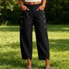 Women's Casual Button Detail Tulip Hem Cropped Pants Elastic Waistband Lightweight Loose Fit Casual Trousers