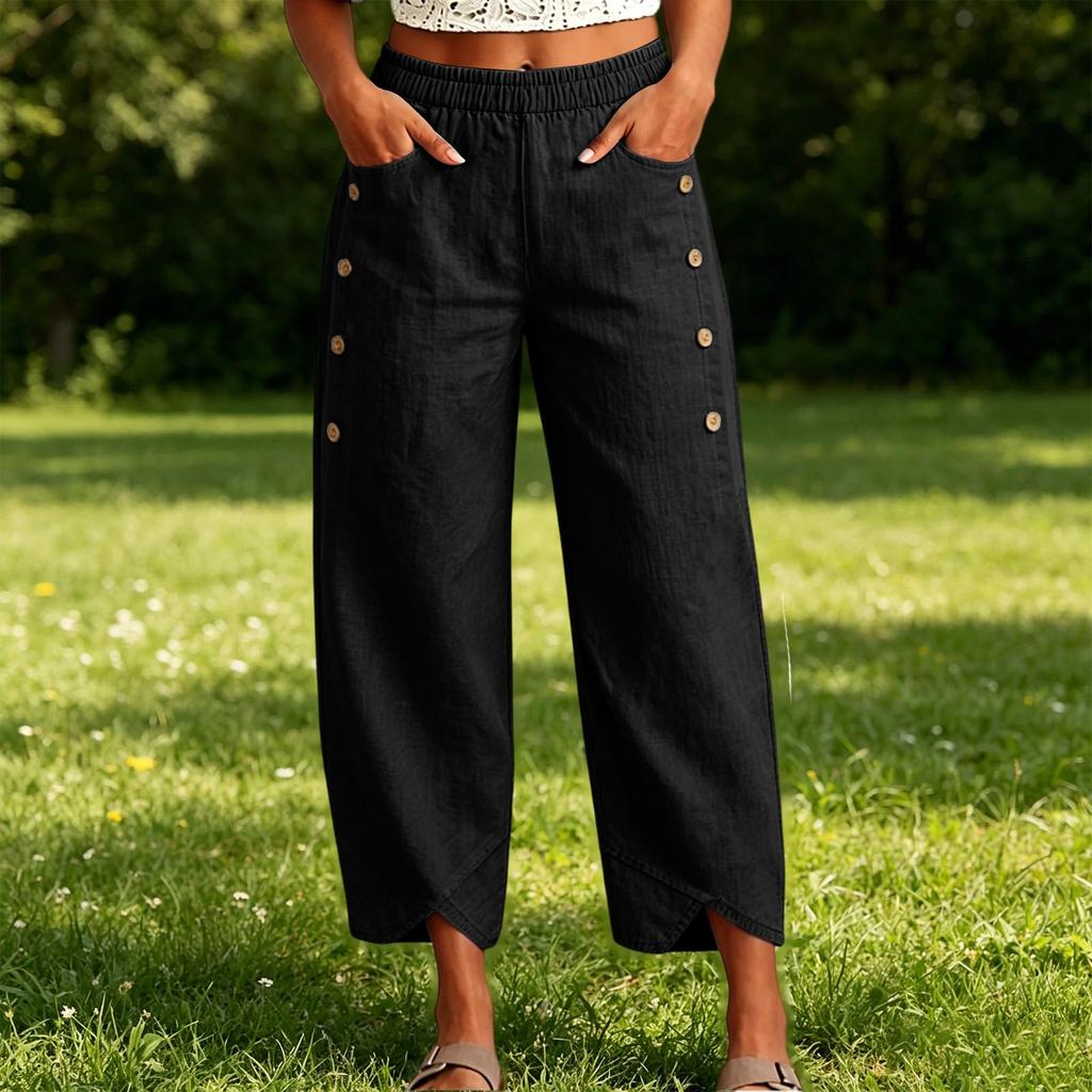 Women's Casual Button Detail Tulip Hem Cropped Pants Elastic Waistband Lightweight Loose Fit Casual Trousers