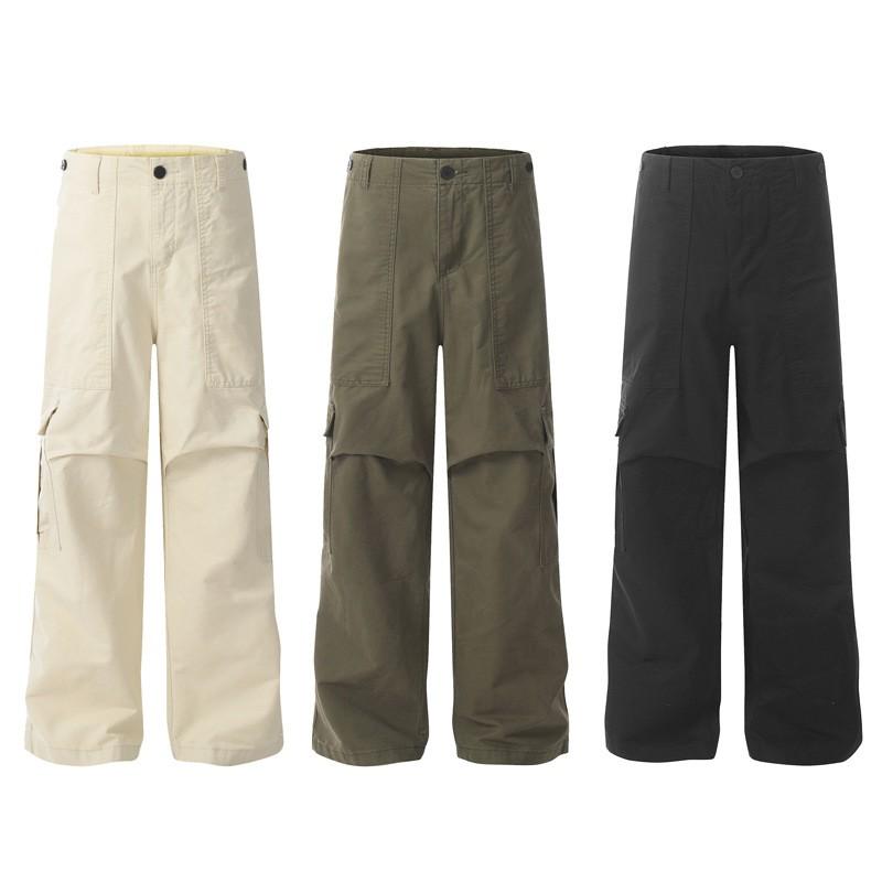 Men Women Unisex Streetwear Cargo Pants Loose Fit Pleated Cotton Blend Wide Leg Casual Trousers Fall