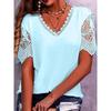 Women Lace Patchwork V-Neck Short Sleeve Loose T-Shirt