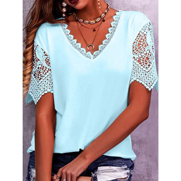 Women Lace Patchwork V-Neck Short Sleeve Loose T-Shirt