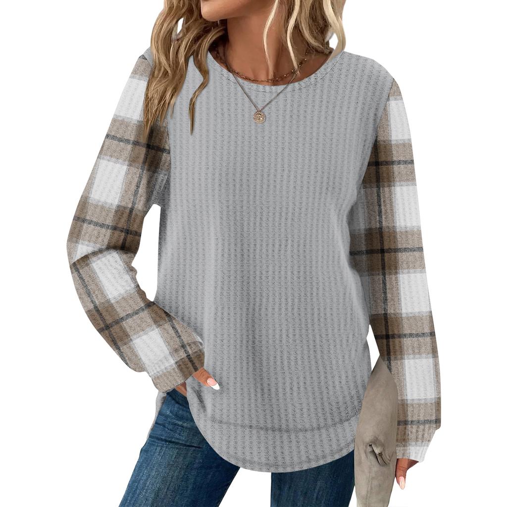 Women's Plaid Print Round Neck Long Sleeve Casual Loose Top
