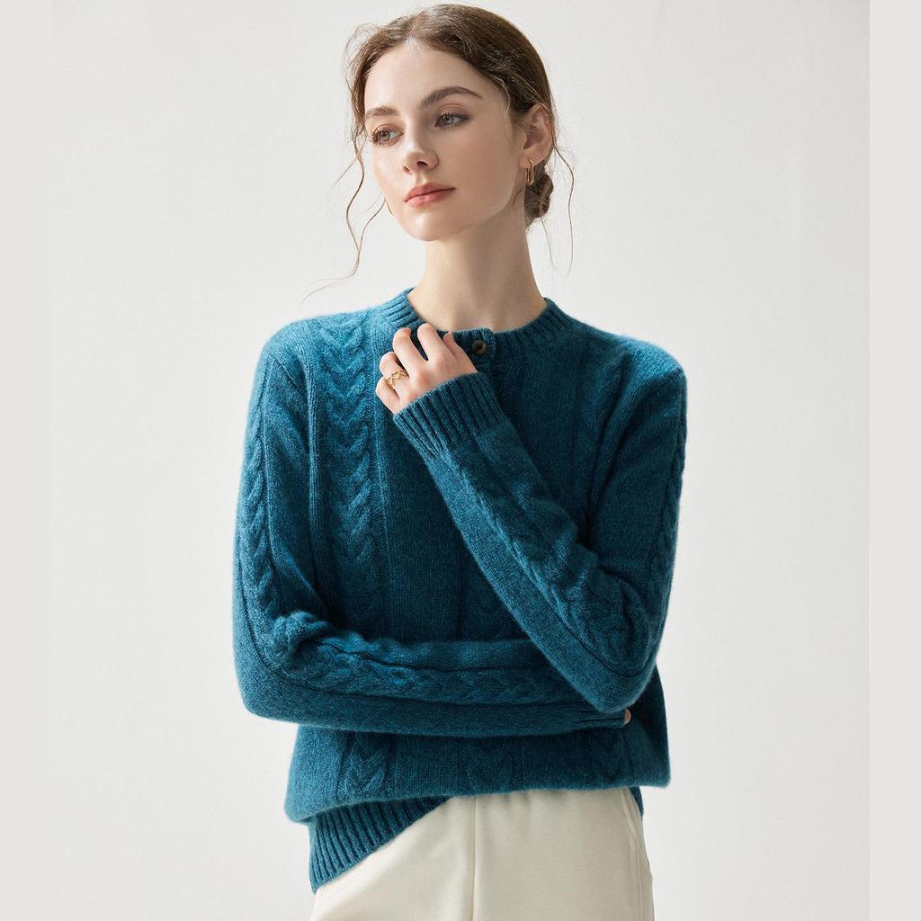 Pull élégant en tricot cachemire pour femme, Automne/Hiver 2026: Col rond, Demi-boutonnage, Coupe ample, Épais et élégant