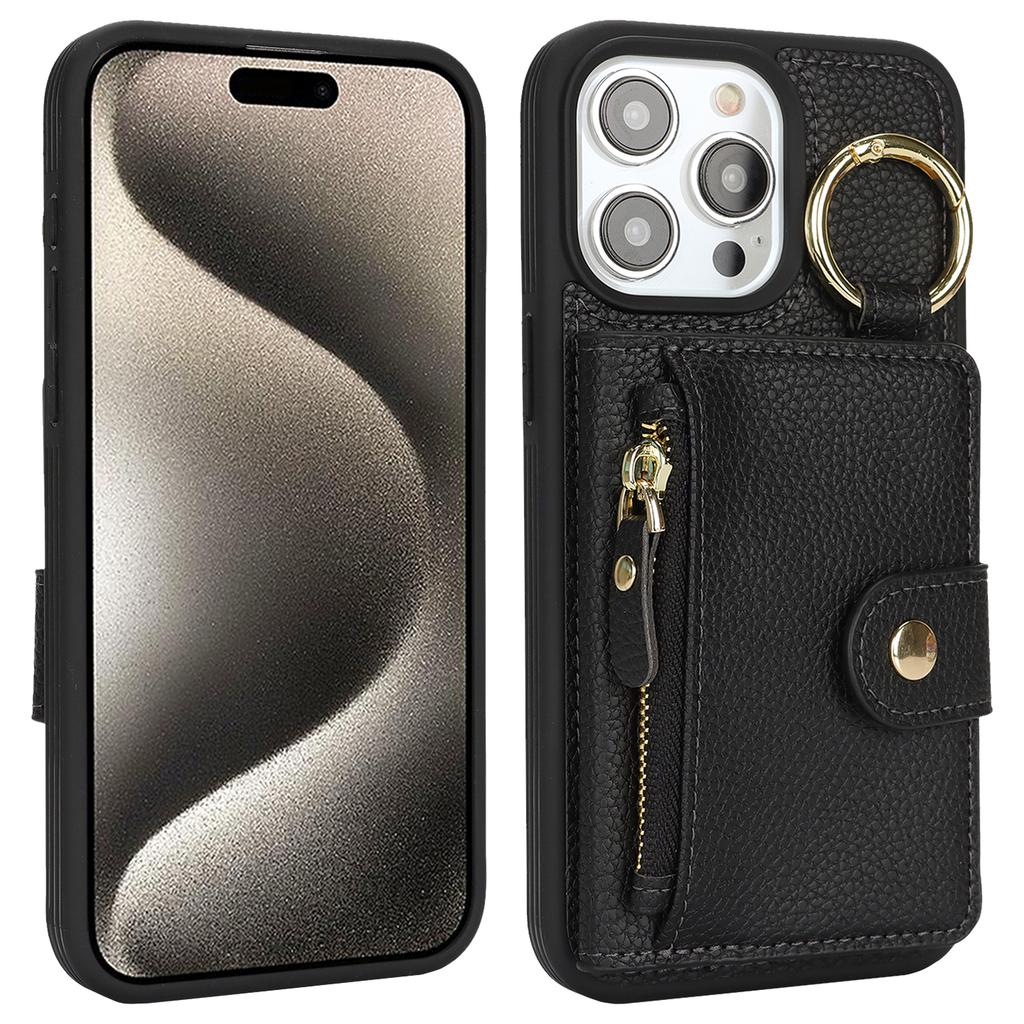 For iPhone 15 Pro Max Case Litchi Textured PU Leather + TPU Kickstand Phone Cover with Card Slot