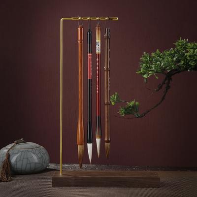 Meatl Chinese Brush Pen Holder with Walnut Base Calligraphy Rest Ink Hanger 8 Needles Writing Brush Holder
