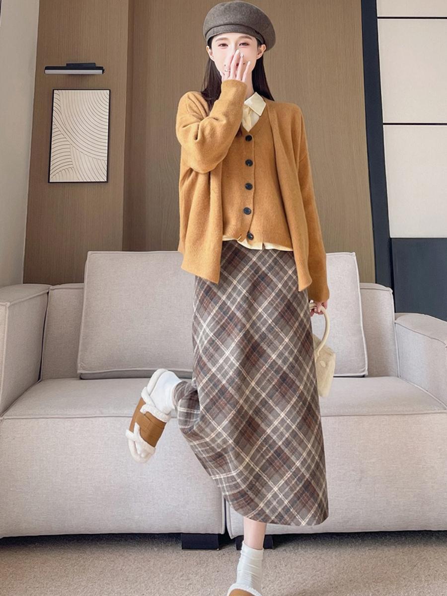 

Шерстяная юбка на бедра осень и зима новая длинная юбка для женщин на все случаи жизни с высокой талией приталенная А-силуэта ретро косая клетчатая юбка в клетку XL