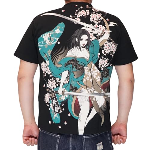 Battou Musume Karakuri Tamashii Japanese Pattern T-Shirt, Men's, Short Sleeve, Rin, 252138-20, Black-XL