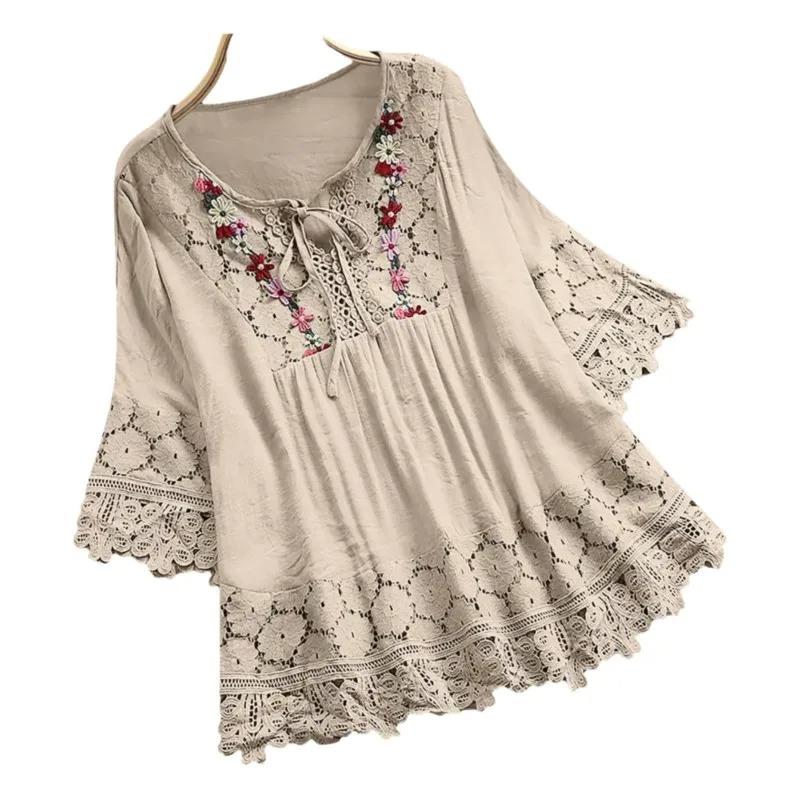Sommerbluse Damen V-Ausschnitt Spitze Hemd Bluse Elegante Damenmode Lässig Dame Locker Leinenhemden