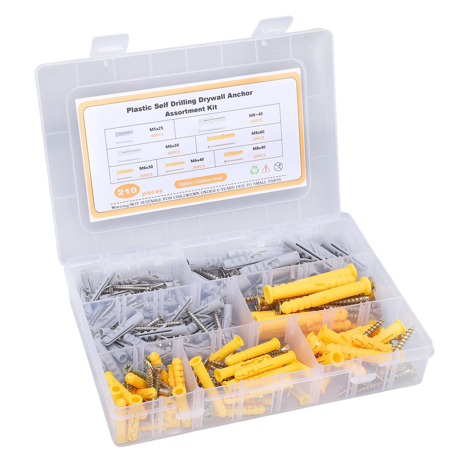 

210PCS Self Tapping Screw Set Flat Head Cross Carbon Steel Screws with Nylon Plastic Wall Anchors for Curtain