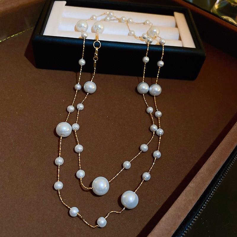 Diamond Water Drop Pearl Beaded Necklace Autumn and Winter French Light Luxury Sweater Chain Fashionable Versatile High-end Jewelry