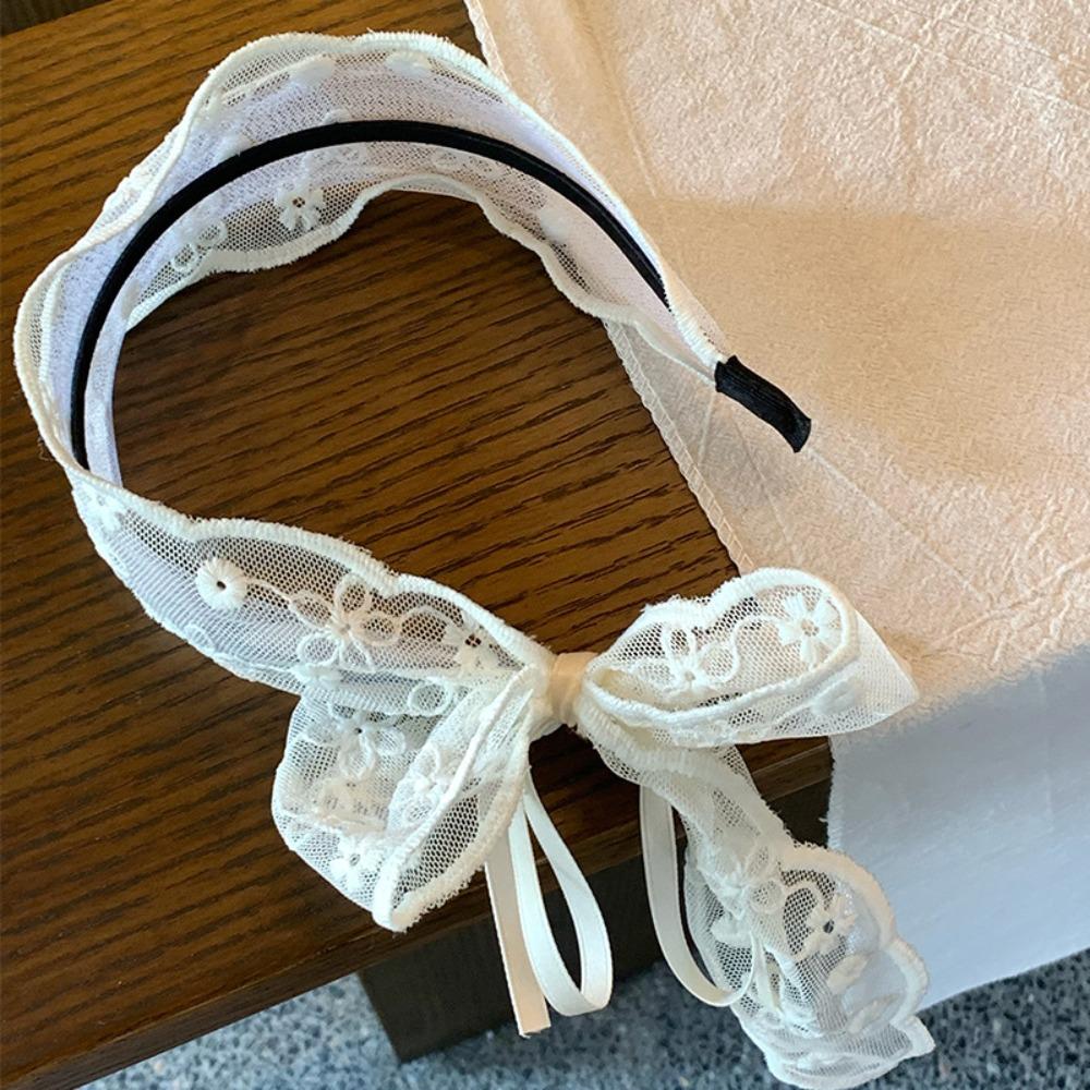 Popular French Style Knot Headband Lace Bow Ribbon Hair Hoops Sweet Wide Ribbon Hair Clip Women