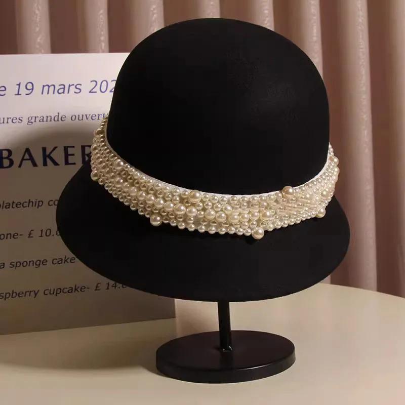 

WTEMPO Французский стиль Шик Ретро Элегантные Шляпы-ведра с жемчугом Женские Осень Зима Стильные Легко сочетаются Теплые Однотонные Федоры 1pc чёрный
