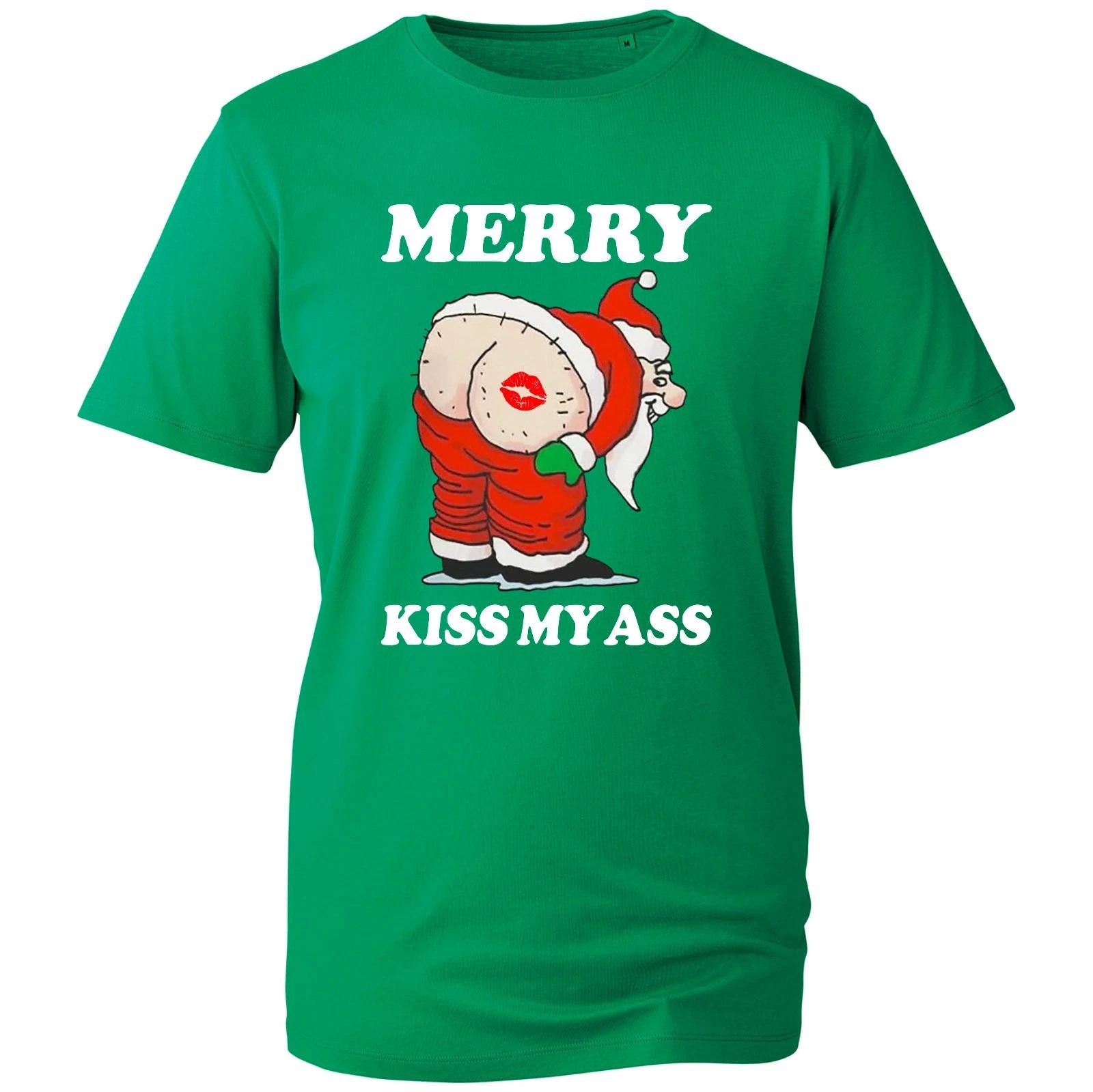 Merry Kiss My ASS Naughty T-Shirt, X-Mas Gift Festive Events Naughty Unisex Tee XL
