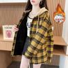 Autumn Winter Vintage Plaid Printing Patchwork Hooded Shirt Women Long Sleeve Loose Casual Cardigan Blouse Top